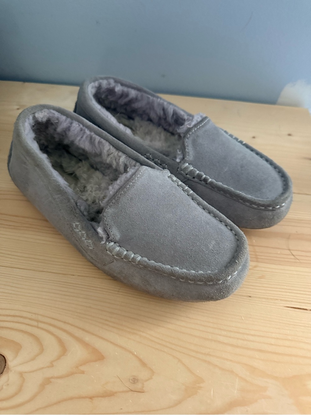 UGG Gray Suede Shearling-Lined Moccasin Slippers
